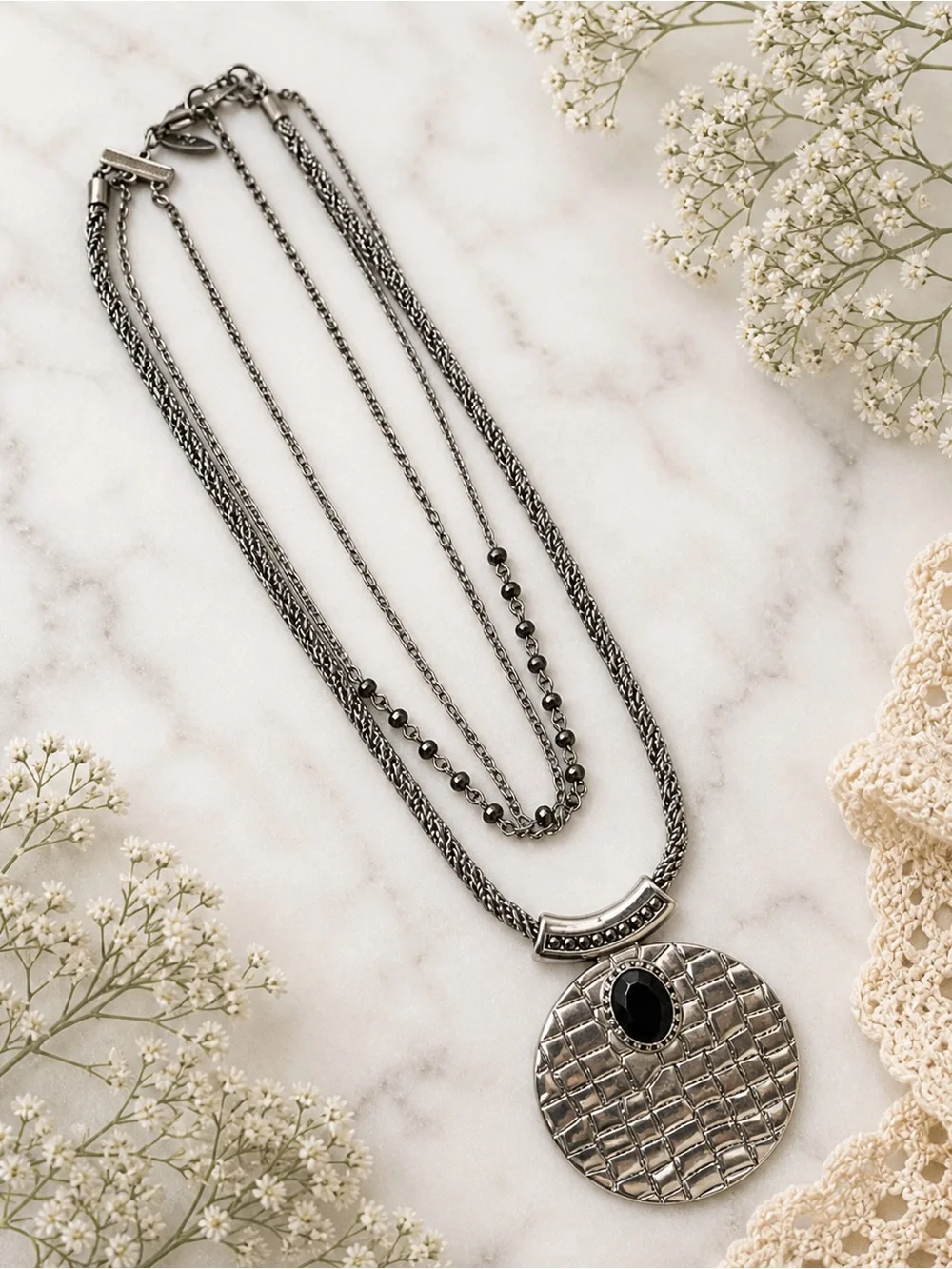 New York & Company Gunmetal Multi-Strand Necklace with Black Stone Pendant